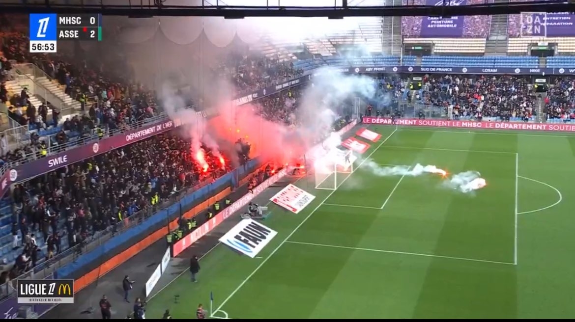 官方：蒙彼利埃vs圣埃蒂安比赛不会恢复，判定蒙彼利埃0-2告负